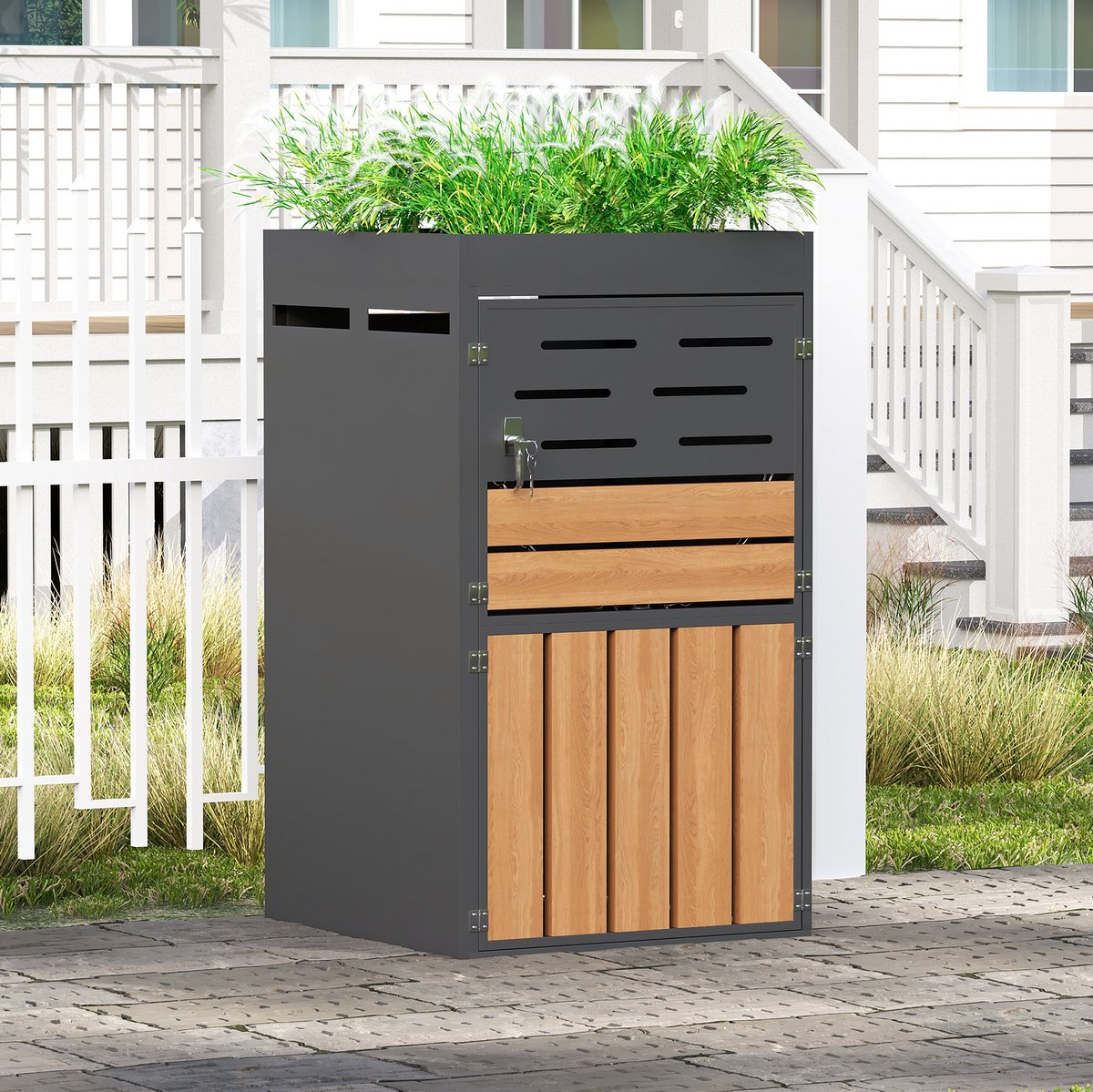 MEUNIQ Containerberging met geïntegreerde plantenbak, lamellenventilatie, afsluitbare deuren en kettinggeleiding voor tuin, terras of balkon, grijs