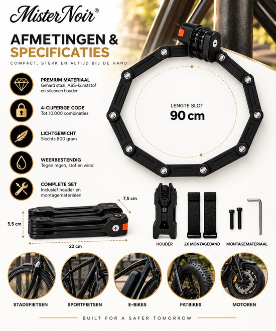 Mister Noir® Vouwslot - Fietsslot - Fatbike slot - Zwaar Gehard Staal - Cijferslot - Anti-Diefstal - Compact en Opvouwbaar - Met Houder - Geschikt voor Elektrische Fietsen & Motoren (90 cm) — afbeelding 3
