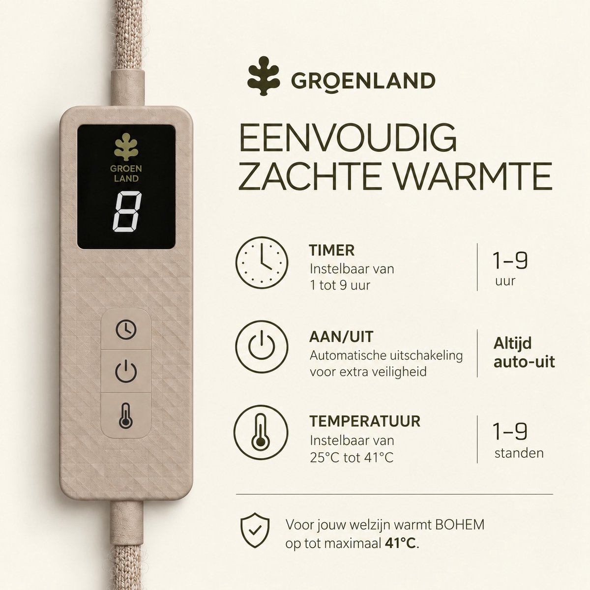 Groenland BOHEM Design Warmtedeken voor de Bank 180 × 130 cm Taupe Dawn | Verwarmde Plaid · Elektrische Deken voor de Bank | Wasbaar · 9 Warmtestanden · Timer met Automatische Uitschakeling — cadeau in Wonen & Interieur - foto 8