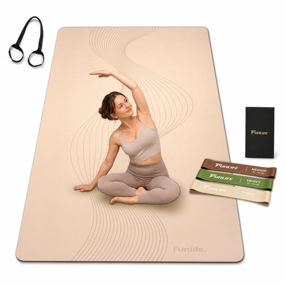FunLife Yogamat Set Extra Breed 183 x 80 cm - 8 mm TPE Antislip Fitnessmat - Met Draagriem en 3 Weerstandsbanden - Yoga Pilates Sportmat