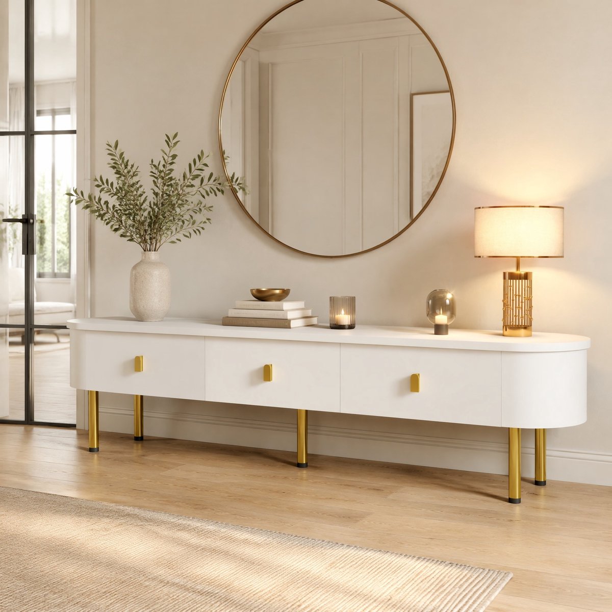 MEUNIQ TV-meubel 174 cm met 3 lades en opbergruimte, afgeronde hoeken, gouden handgrepen en cilindrische poten, wit tv-dressoir voor woonkamer