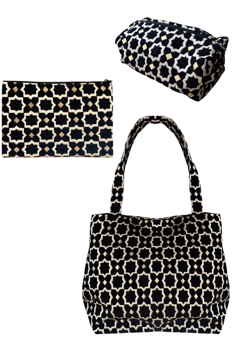 Set van 3 Luxe Handgemaakte Marokkaanse tassen- Shopper M, Toilettas, en Pouche met Zellig en Geometrische Patronen- Zwart