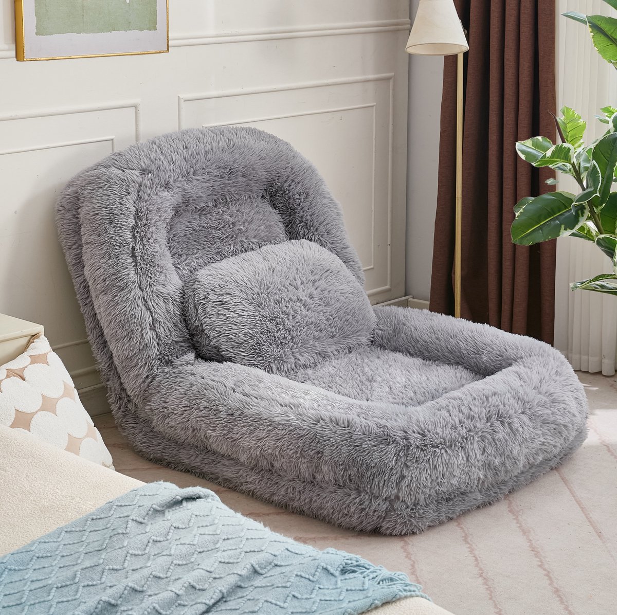 MEUNIQ Verstelbare vloerfauteuil met 5 standen, pluche bekleding en kussen, 102 x 89 x 88 cm, uitklapbaar tot ligstand, lichtgrijs