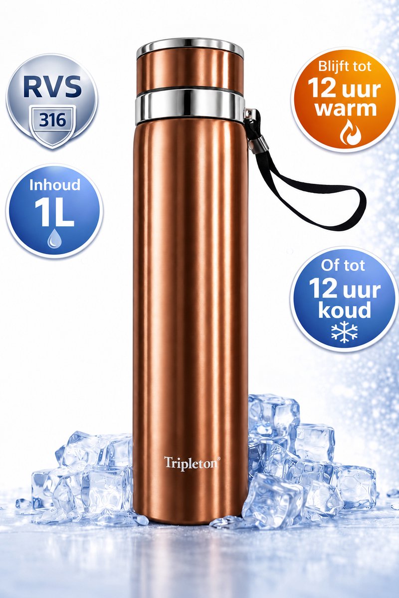 Tripleton® Luxe Thermosfles 1 Liter - RVS Isoleerfles Dubbelwandig - Drinkfles Warm & Koud - Bruin Metallic - 1000ml