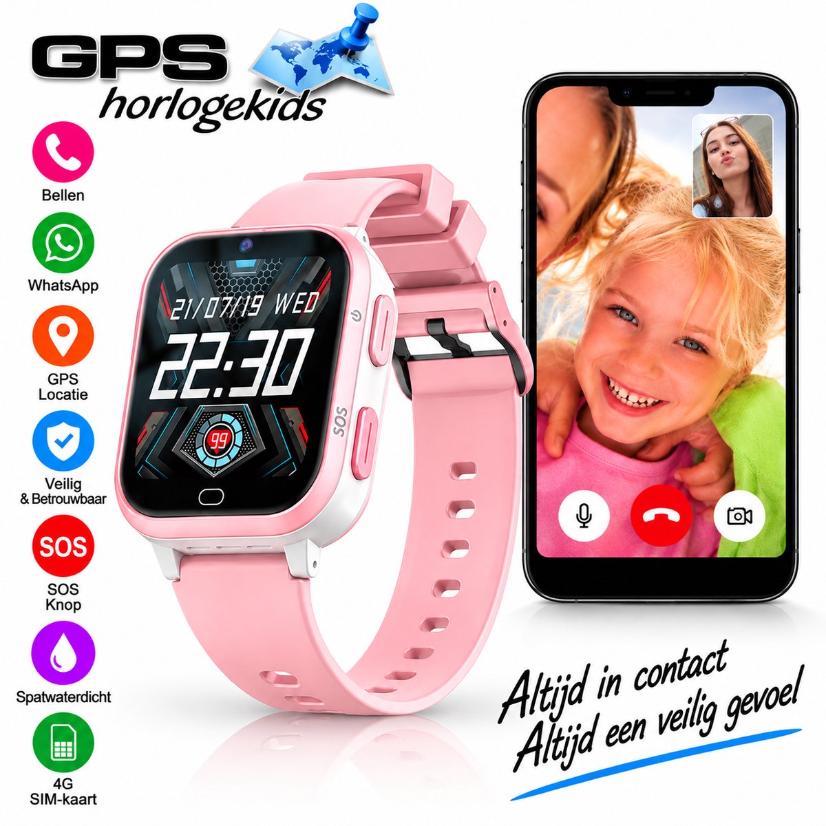 Bol.com GPSHorlogeKids© - GPS horloge kind - smartwatch kinderen - WhatsApp - 4G videobellen - spatwaterdicht - SOS alarm - SMS ... aanbieding