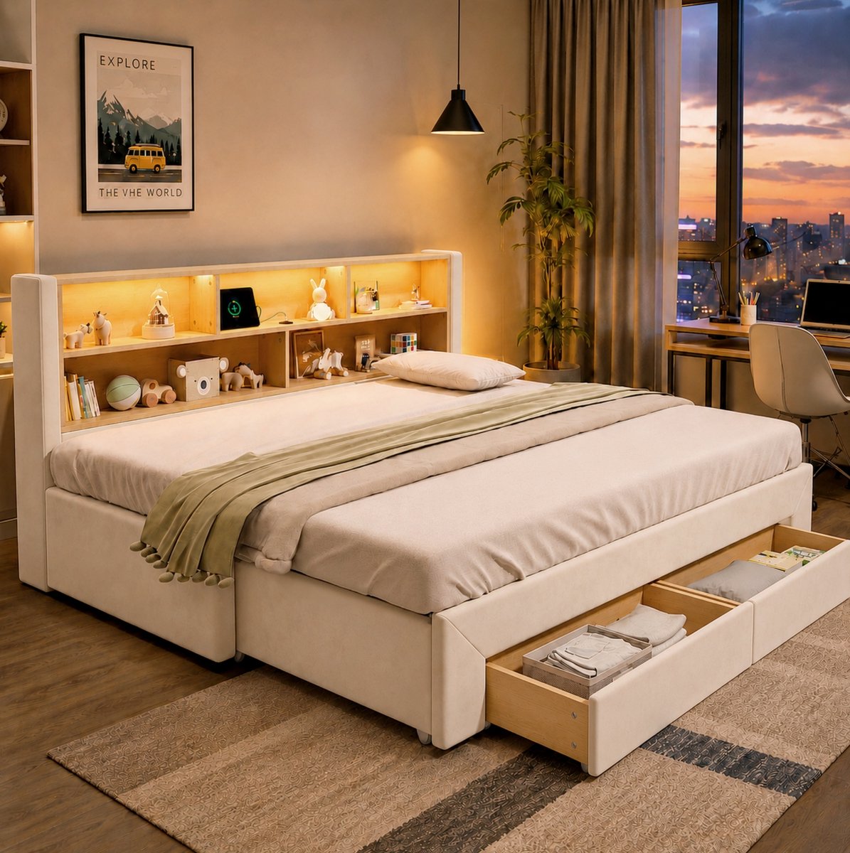 MODENUIT Bedbank - Uitschuifbaar - 90 x 200 cm - 180 x 200 cm - Stof - Beige - Opbergruimte - USB - Ledverlichting