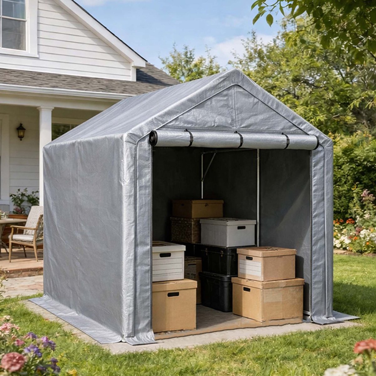 DESMIU Opslagtent – 296 x 190 x 200 cm – Oprolbare Deur – Verzinkt Staal En Polyetheen – Donkergrijs – Garagetent Voor Buitenopslag