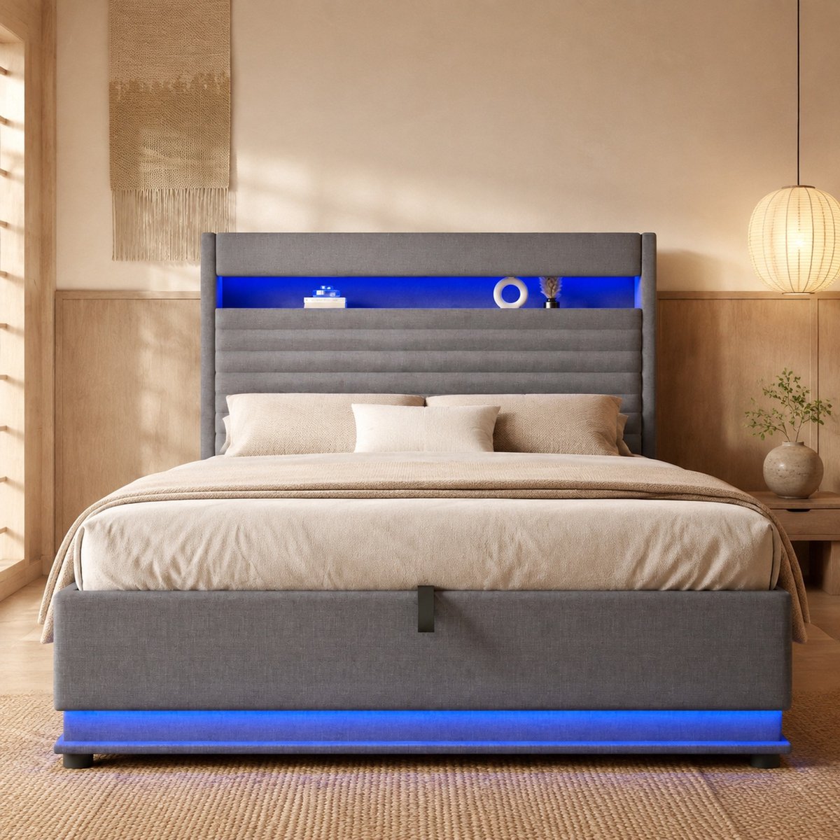 COVREO Opbergbed met USB-C en LED – 140x200 cm – Hydraulisch bedframe met stoffen bekleding – tweepersoonsbed – Grijs - zonder matras