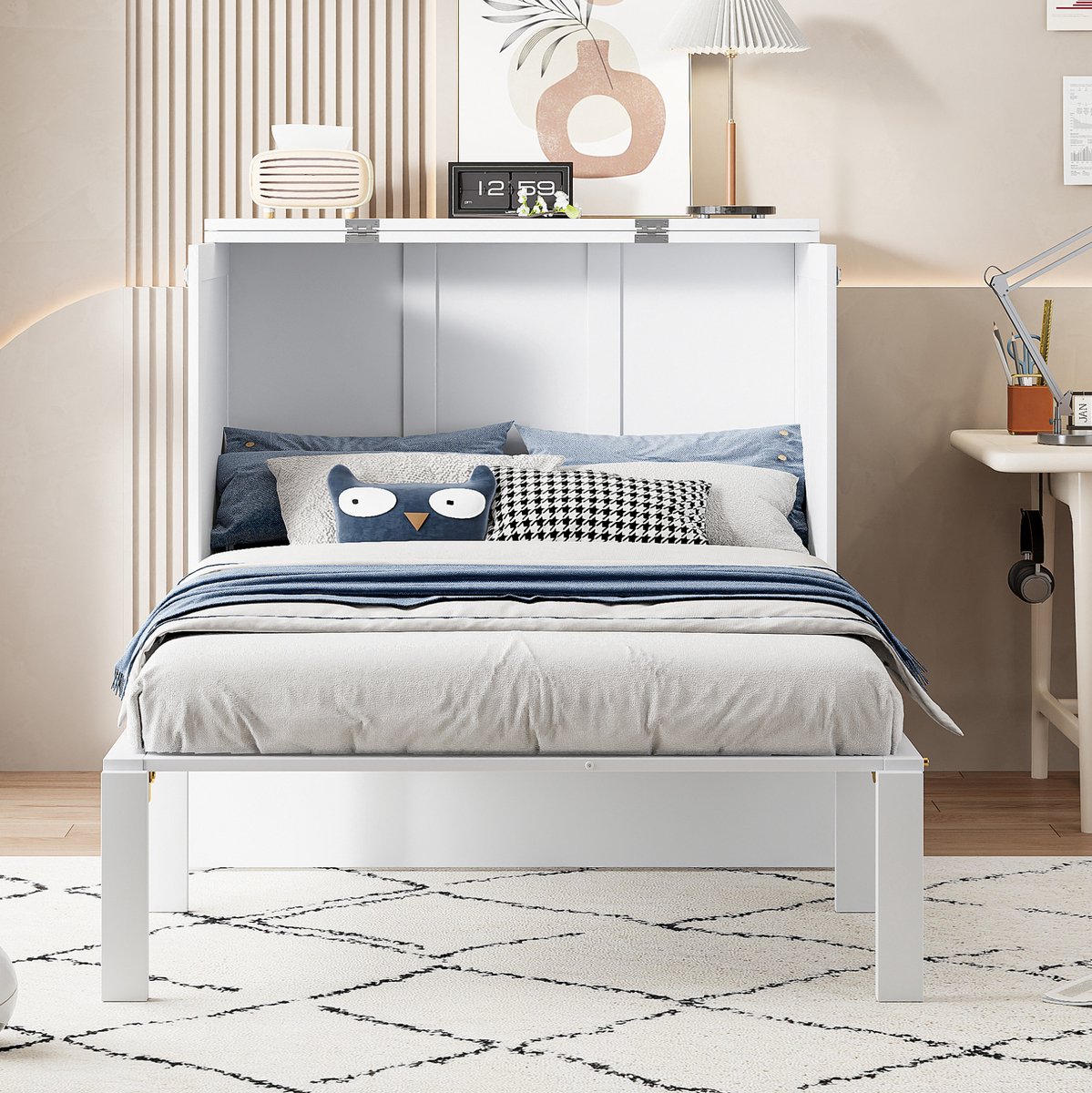MEUNIQ Opklapbed 90x200 cm met lattenbodem, verticaal wandbed met ruimte onder het bed, eenpersoonsbed voor slaapkamer, wit, 150 kg