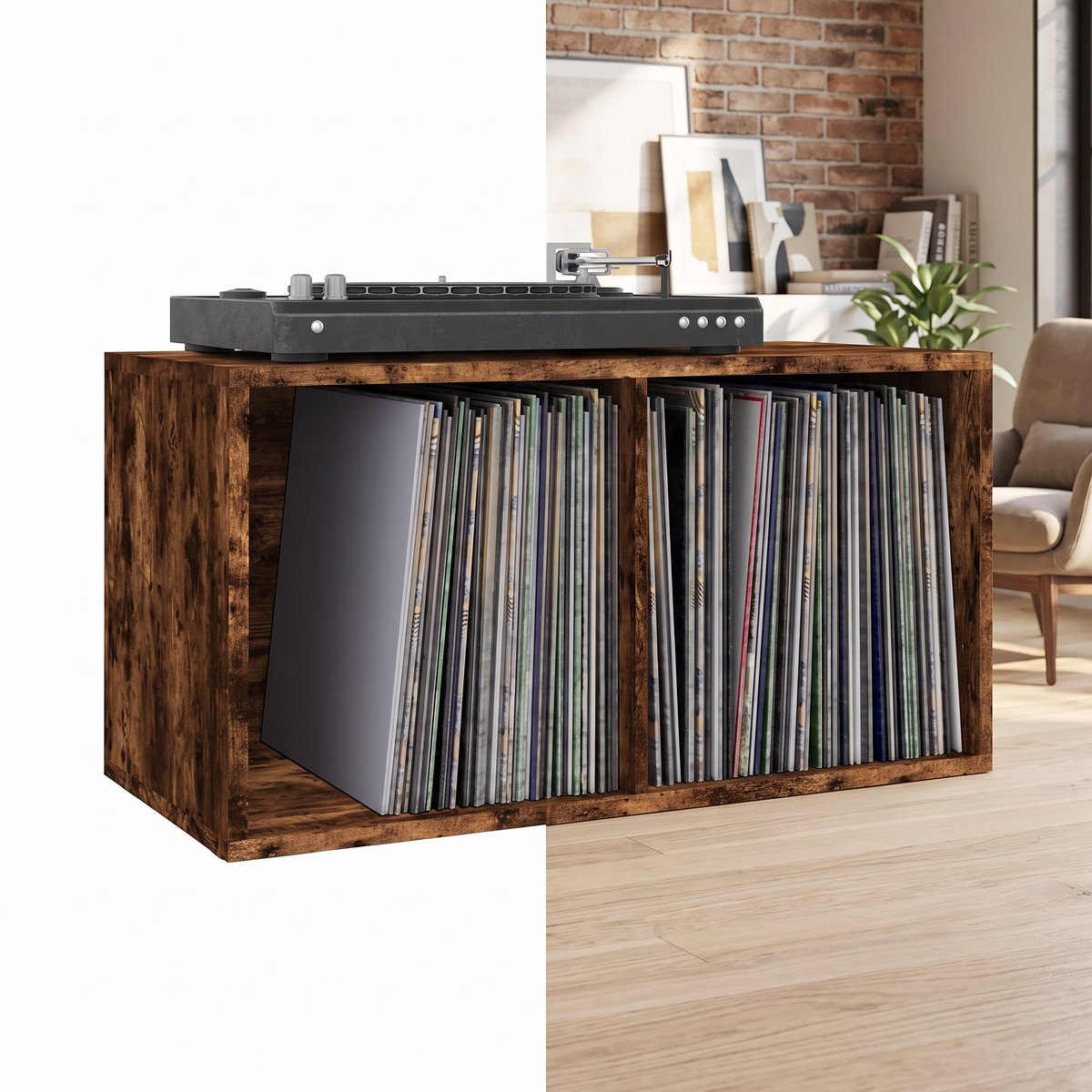 Platenspelermeubel - LP-kast - Platenspelerkast - Draaitafelstandaard - Platenspelerstandaard - Vintage Displayplank - Gerookt Eiken