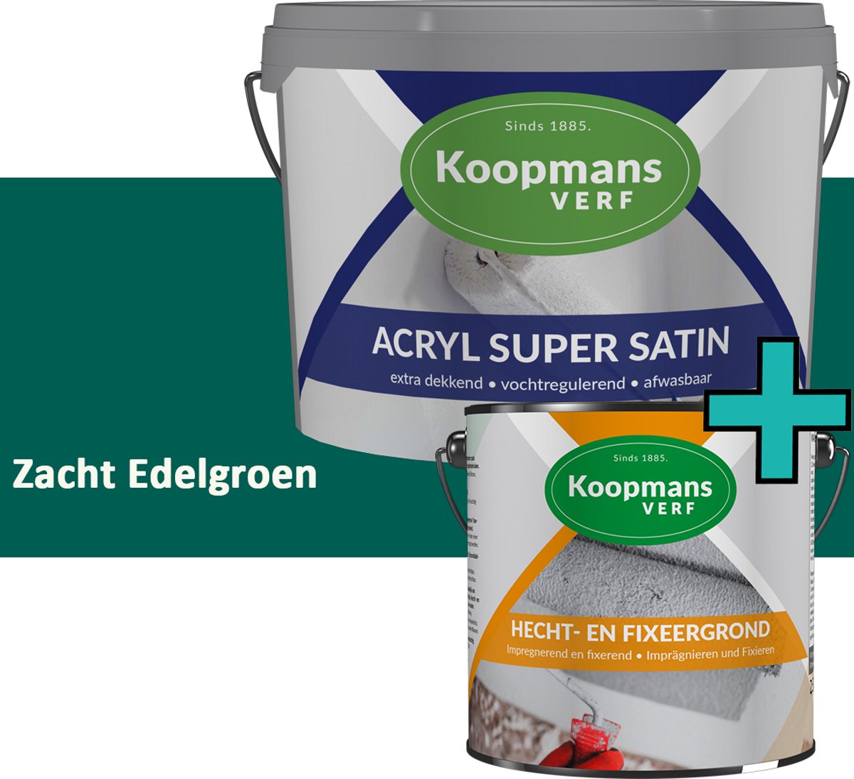 Koopmans Hecht- en Fixeergrond 2,5 l + Acryl Super Satin Muurverf - Set - Primer + Zijdeglans Muurverf Binnen en Buiten - Afwasbaar en Dekkend - Zacht Edelgroen - 1 l