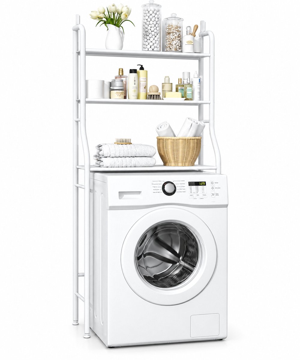 Vurnomi Wasmachine rek - Badkamerrek - Opbergrek - Wasmachine opbouwmeubel - Ruimtebesparend - 3 laags - Antislip - Metaal - Wit