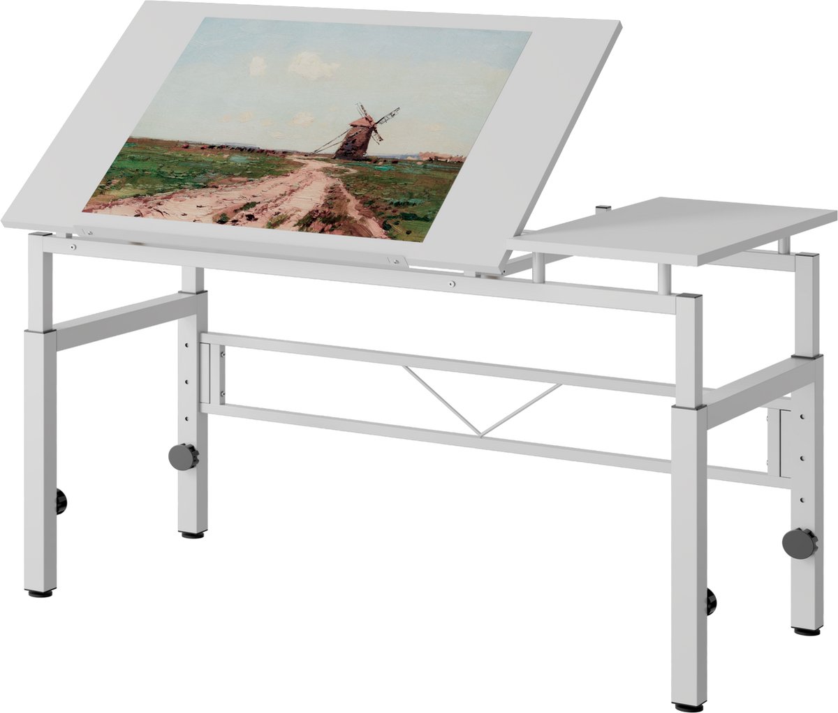 MEUNIQ Verstelbare tekentafel 120 x 60 cm met kantelbaar MDF-blad 0-60°, handmatig verstelbare hoogte 77-100 cm en metalen frame voor kantoor en studeerkamer, wit