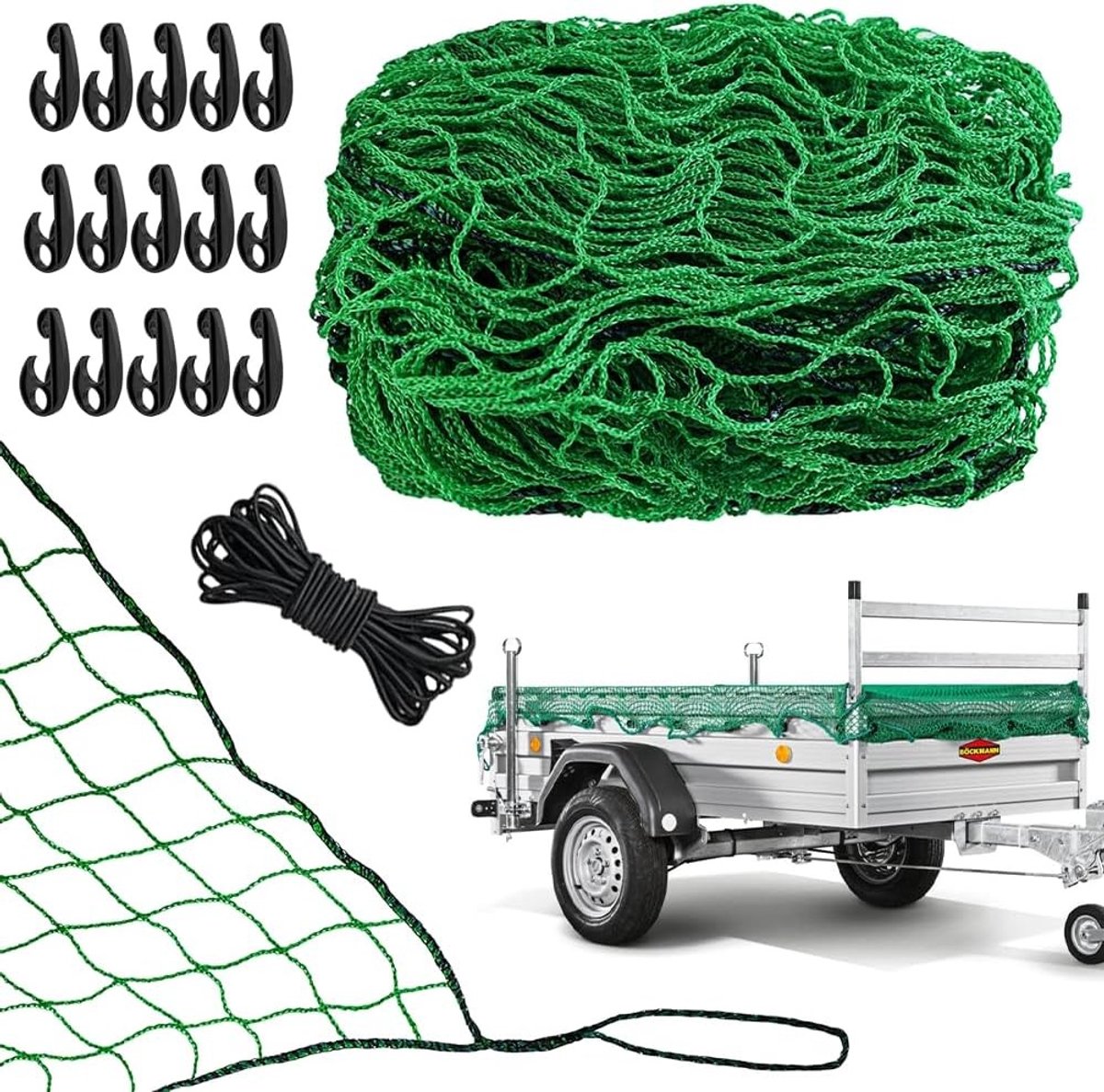 Stretchy en fijne net voor aanhangwagen 1.5 x 2.2 m met 15 haken en rubberen touw, ideaal voor lading bescherming en afdekking, maaswijdte 4.5 x 4.5 cm, groen en duurzaam
