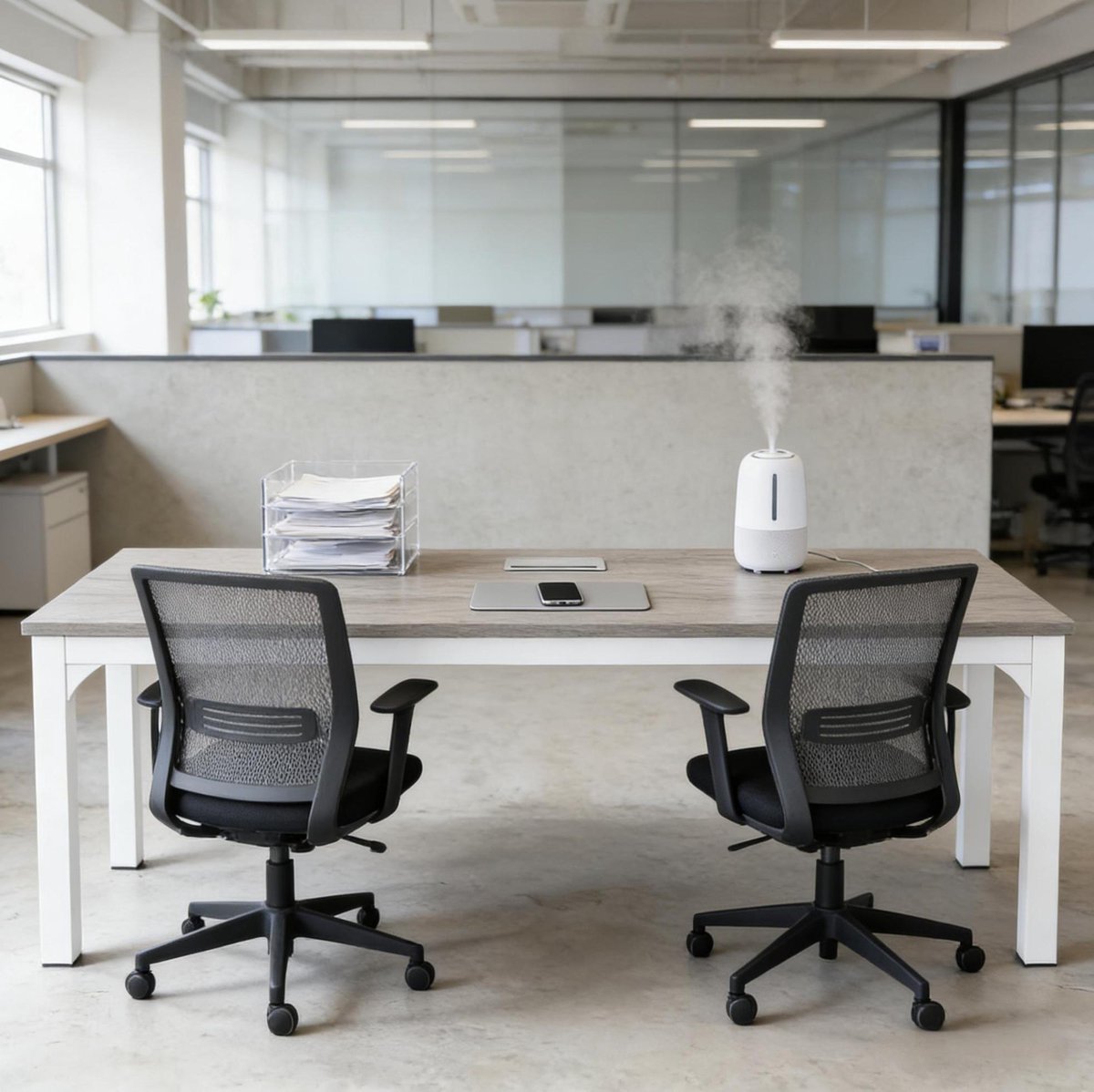 MEUNIQ Rechthoekig computerbureau 200 x 70 x 75 cm voor 2 personen, met ruim tafelblad, wit metalen frame en verstelbare voetdoppen, taupe/wit