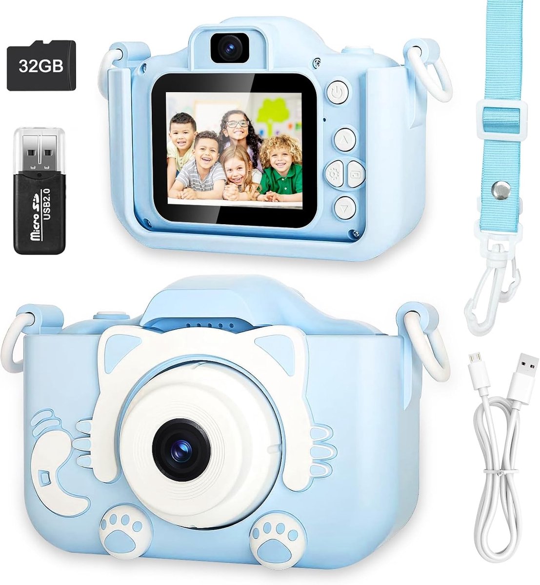 Digitale Camera voor Kinderen van 3-12 Jaar, Dubbele Lens, 1080P HD Video, 32GB SD-Kaart, Siliconen Hoes, Ideaal Peuter Speelgoed voor Creatieve Foto's en Verjaardagen