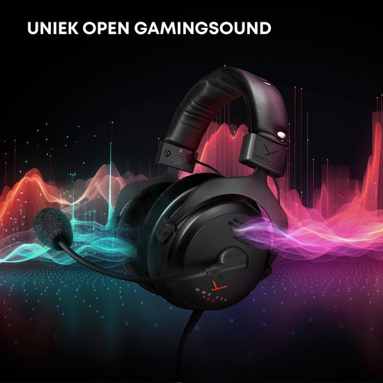 Zwarte Beyerdynamic MMX 330 PRO headset met equalizer-effecten die open gaming sound suggereren.