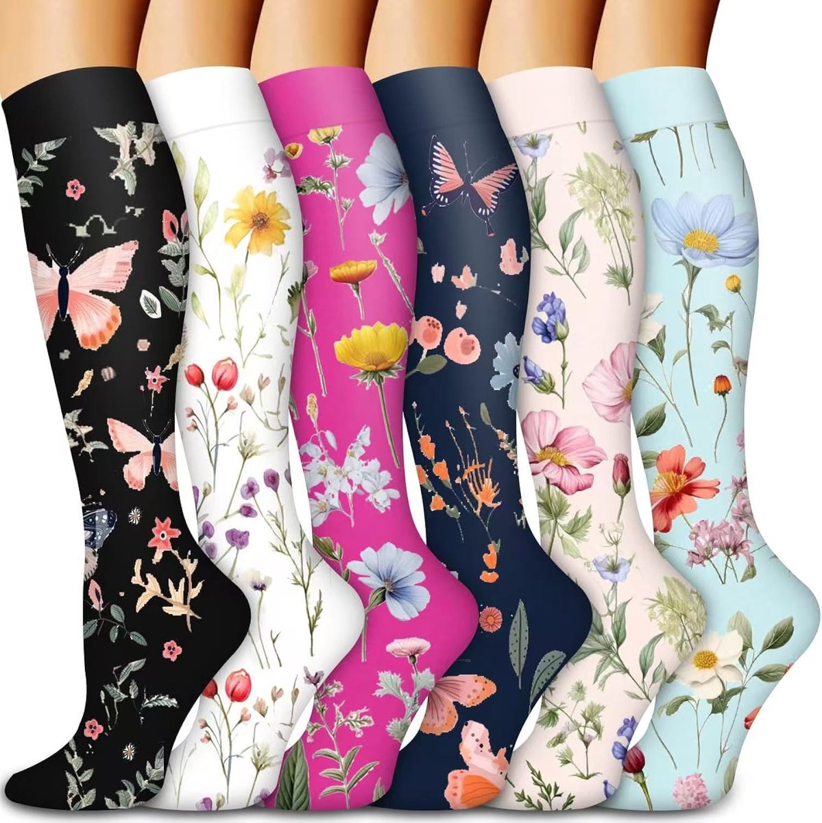 6-pack compressiekousen voor dames en heren - reizen en vliegsokken - hardlopen en fitness（L-XL） - Bloemenpatroon