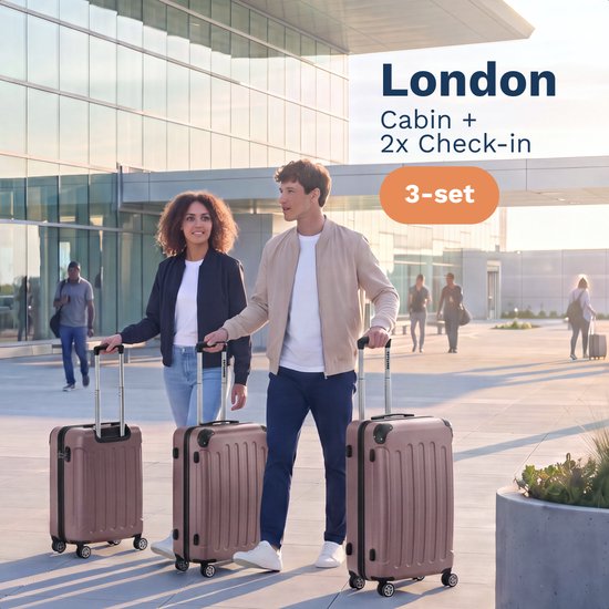 Een stel met roze koffers bij de luchthaven, 'London' 3-delige set: Cabin + 2x Check-in.
