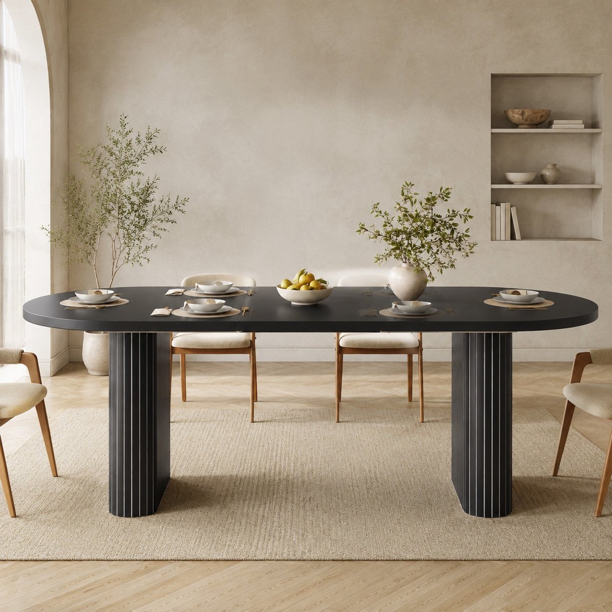 MODFU Uitschuifbare Eettafel - Ovaal - MDF En Metaal - Zwart - 120-160 Cm