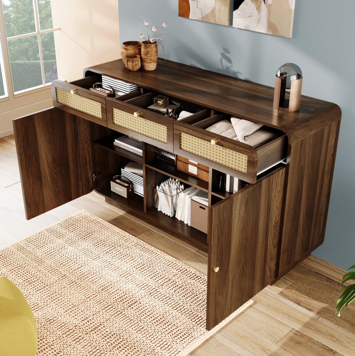 MEUNIQ Dressoir 120 x 40 x 85 cm met 3 lades, 2 deuren, open vak en verstelbare planken voor woonkamer of eetkamer, walnootkleur