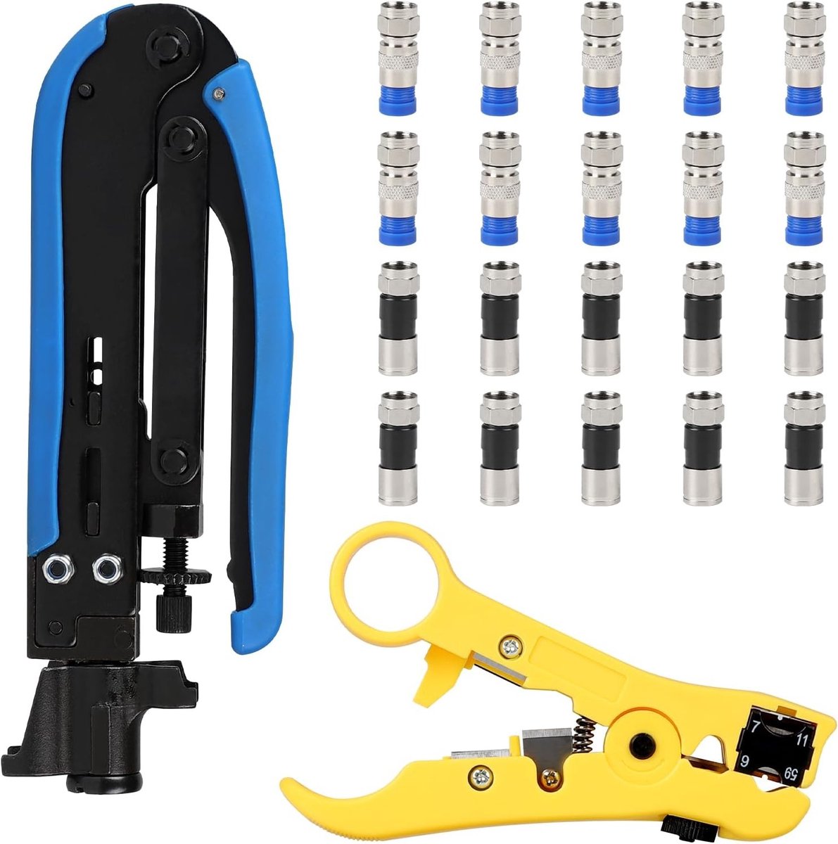 Set van Compressietangen voor Coaxiale Kabel, Striptangen en Crimping Tangen met 20 Stuks F Plug RG6 voor RG59 RG7 RG11