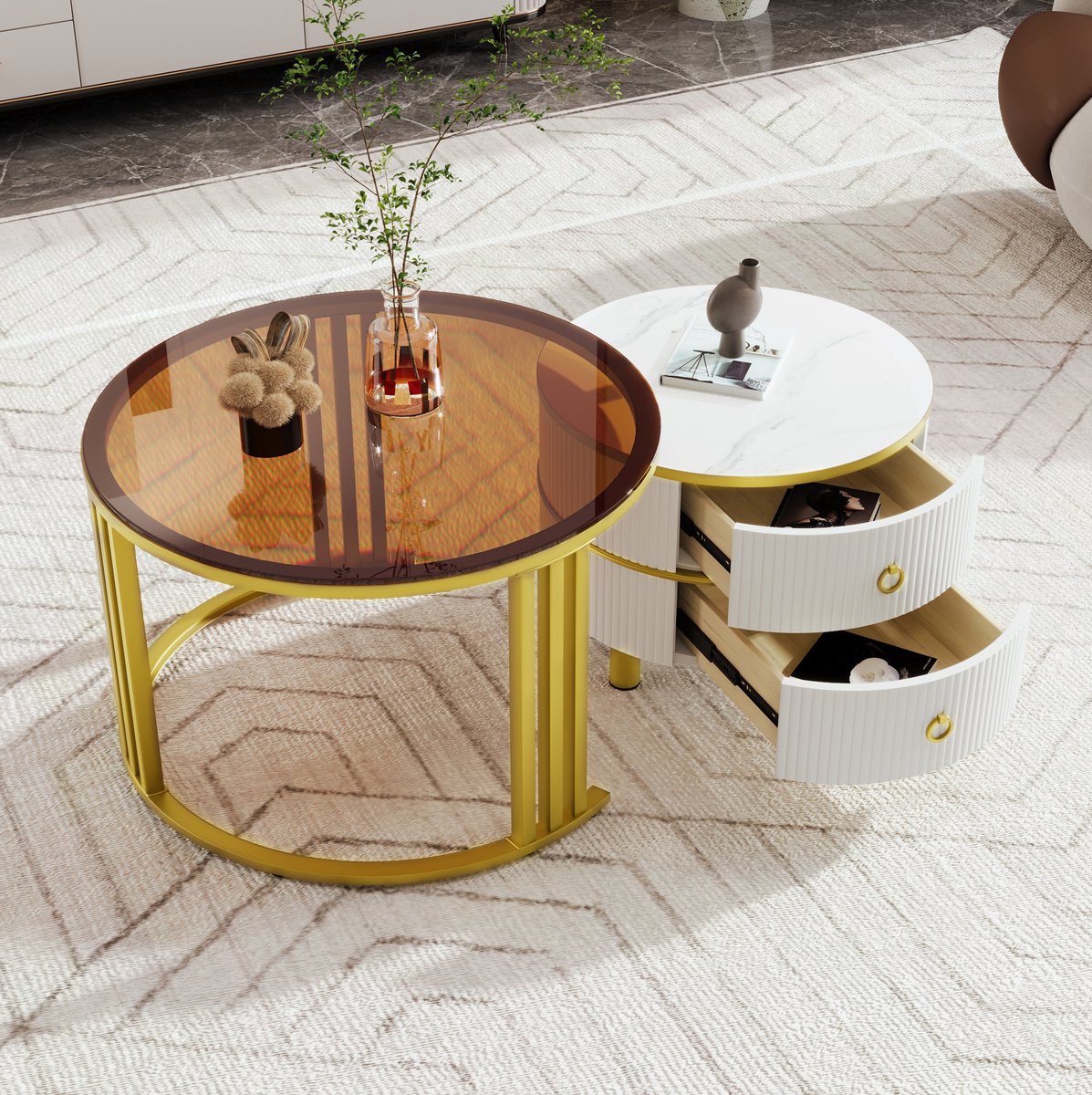 MEUNIQ 2-delige ronde salontafelset 70 x 70 x 45 en 50 x 50 x 40 cm met 2 lades, wit hoogglans en bruin gehard glas voor woonkamer