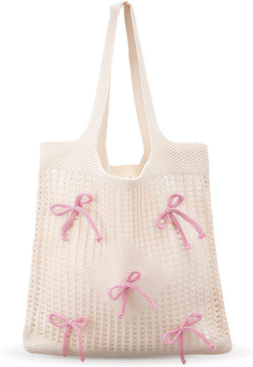 Grote Strandtas met Roze Strik voor Vrouwen, Lichtgewicht Shopper, Perfect voor Dagelijks Gebruik en Vakantie