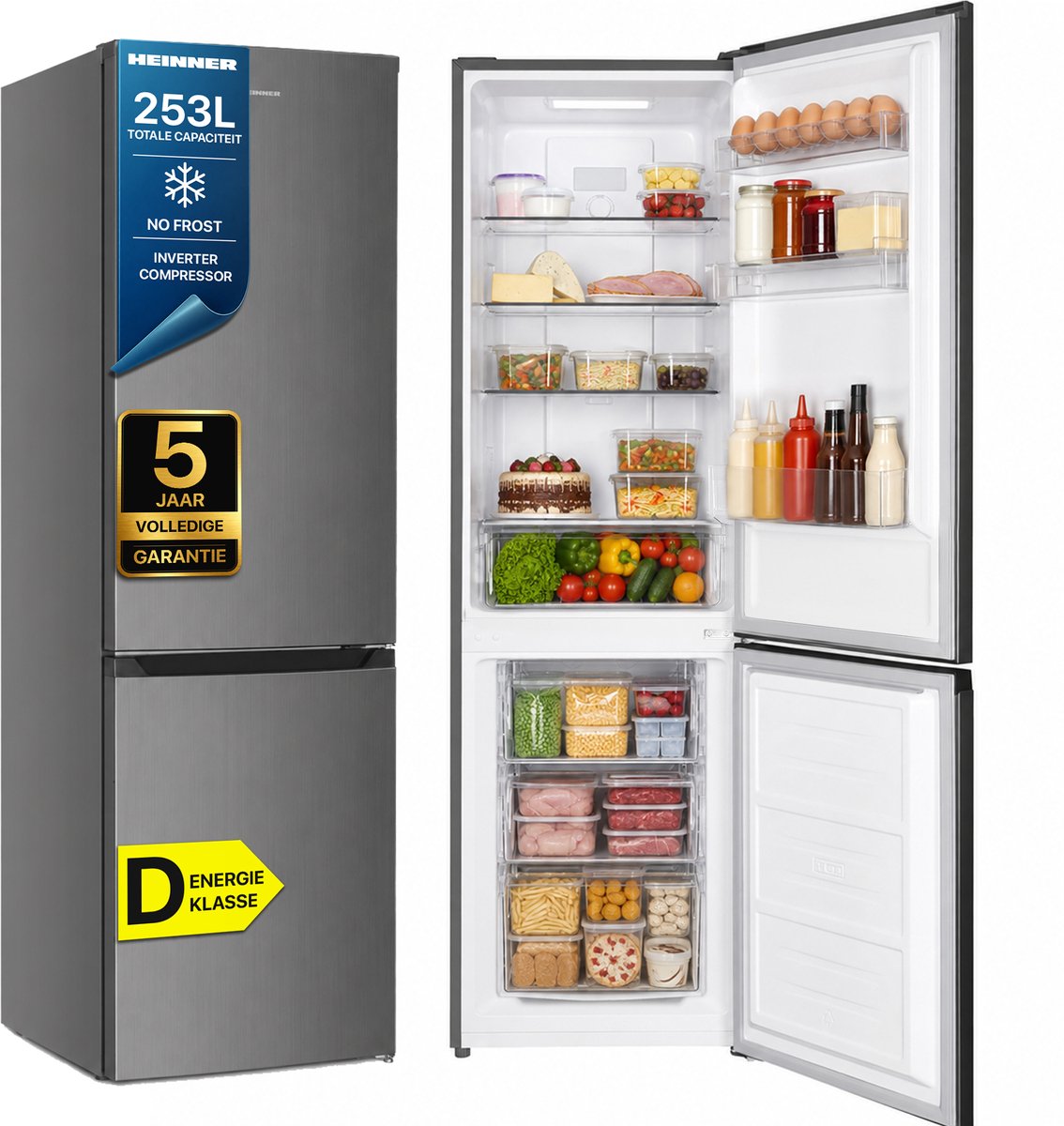 Heinner HCNF-HM253INVXD Koel-vriescombinatie – 253 L – Total No Frost – Inverter Compressor – Energieklasse D – Elektronische Bediening met Instelbare Thermostaat – LED-verlichting – RVS – 5 Jaar Garantie