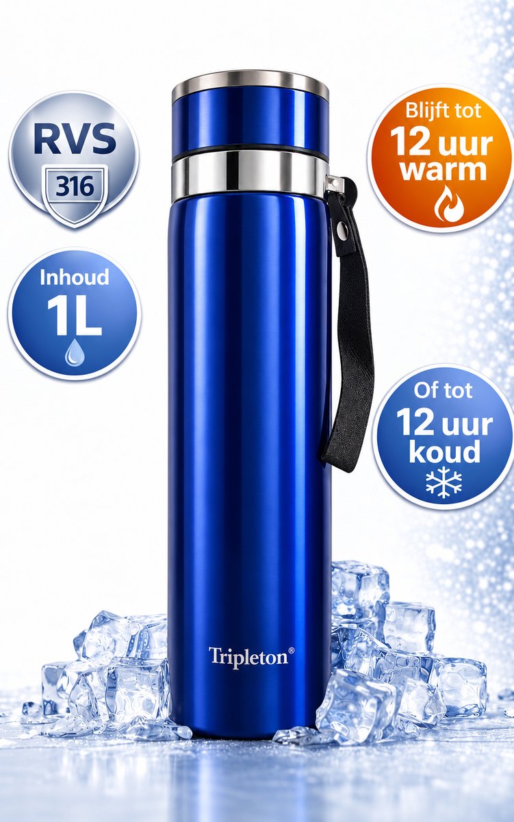 Tripleton® Luxe Thermosfles 1 Liter - RVS Isoleerfles Dubbelwandig - Drinkfles Warm & Koud - Blauw - 1000ml