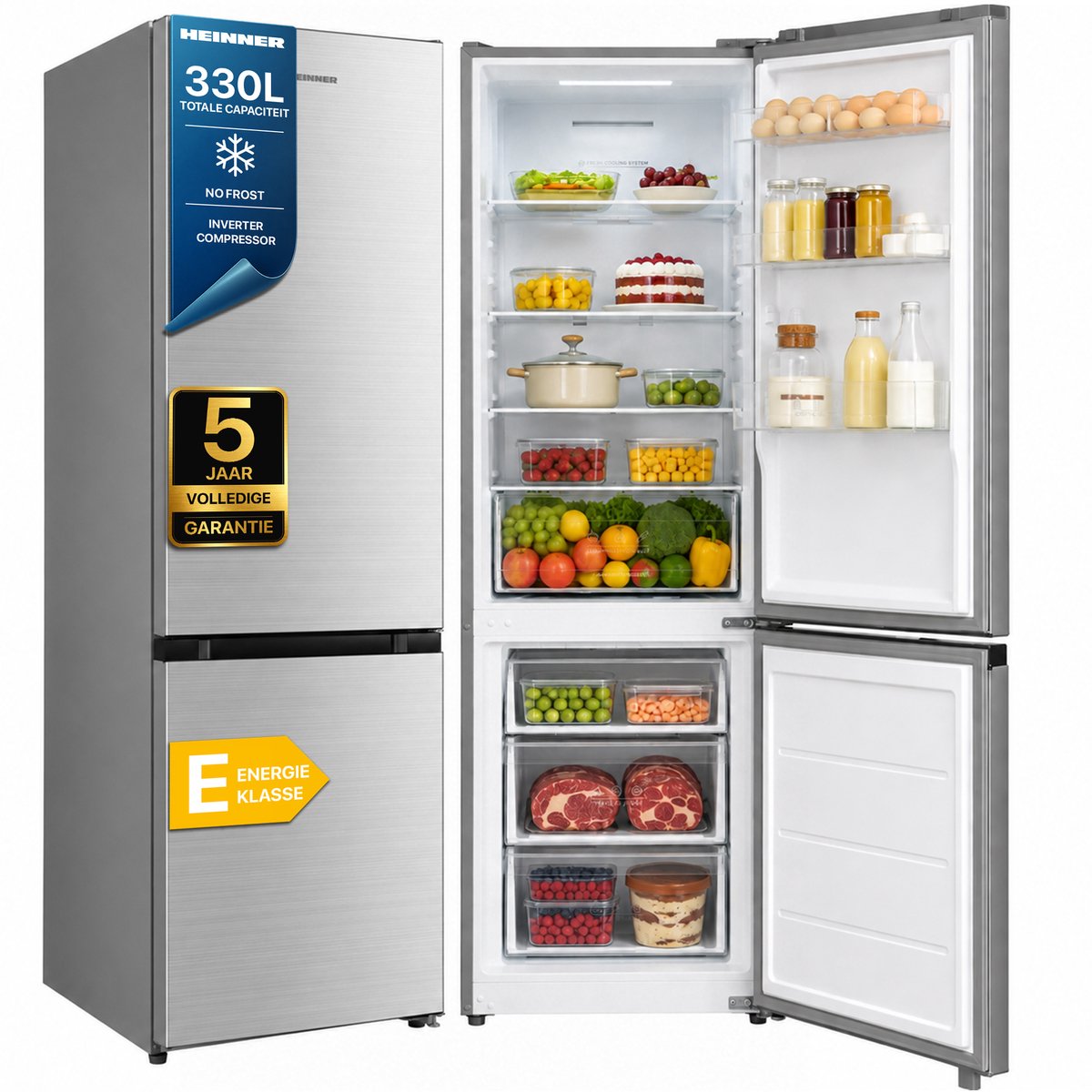 Heinner HCNF-M330INVSE++ Koel-vriescombinatie – 330 L – Total No Frost – Inverter Compressor – Energieklasse E – Elektronische Bediening – Super Cooling-functie – Kinderslot – LED-verlichting – Zilver – 5 Jaar Garantie