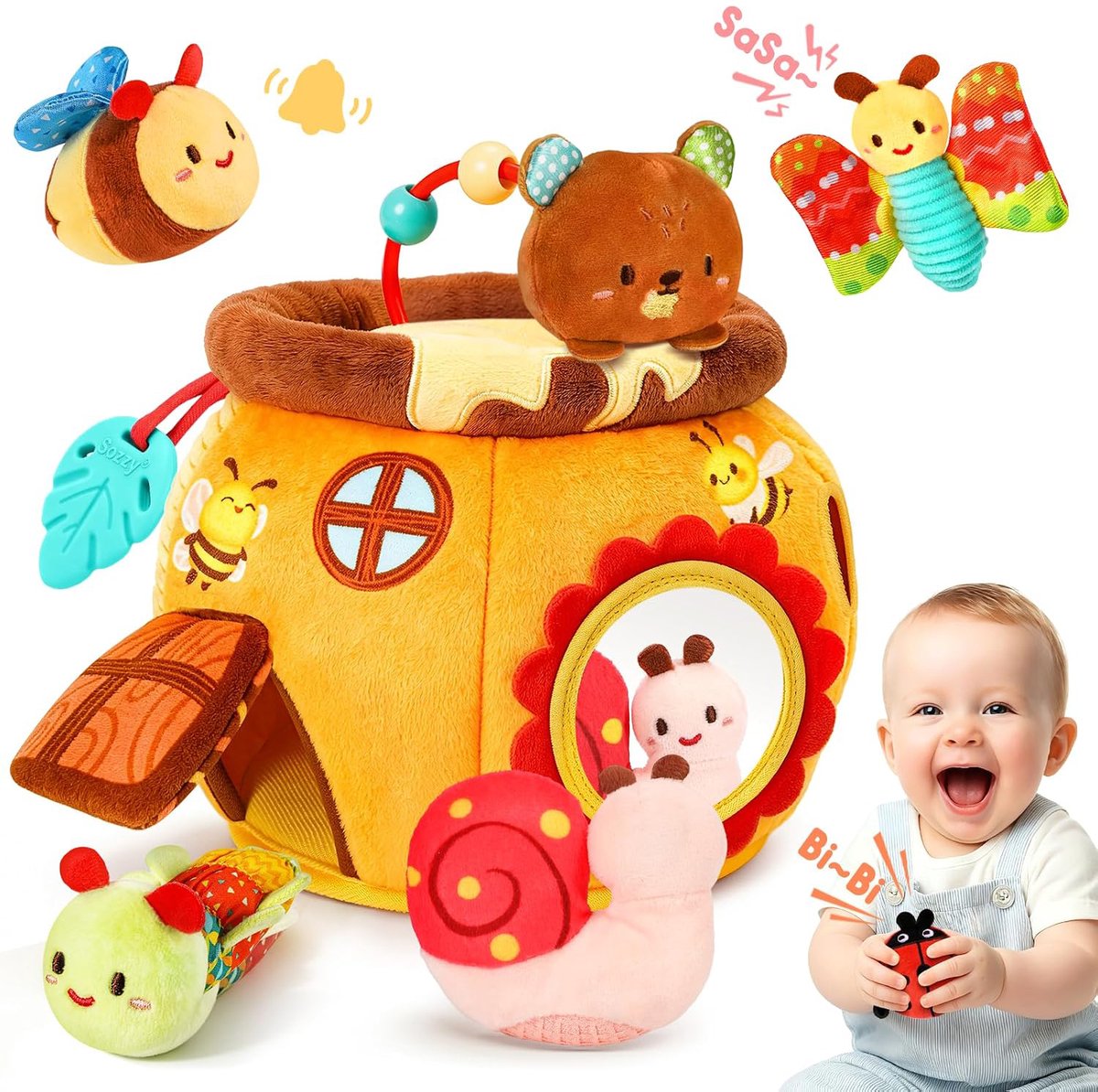 Sensorisch Speelgoed Voor Baby's - Zachte Honingpot Met 6 Knuffeldieren - Montessori-Speelgoed - Kraamcadeaus