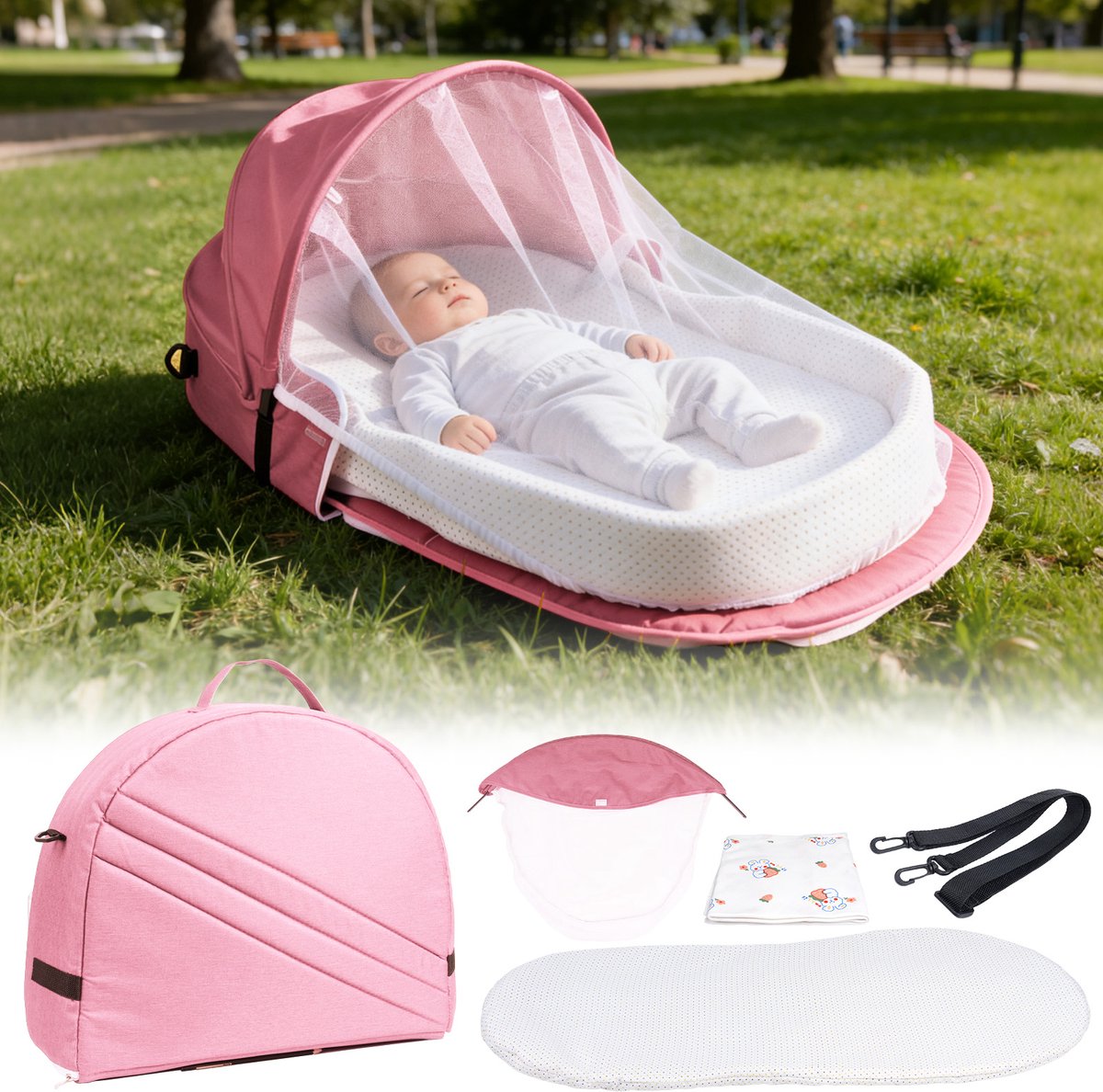 Arvioo - Baby nest - opvouwbaar - muggennet - draagbaar - roze