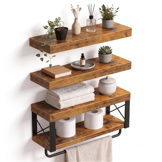 Houten wandplanken met metalen frame, met planten, zeepdispensers en toiletrollen.