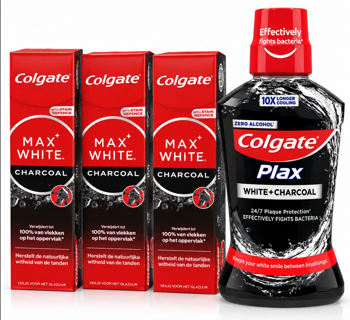Colgate Max White Charcoal Voordeelset – 3x Tandpasta + Colgate Plax White + Charcoal Mondwater – 4-delige Set