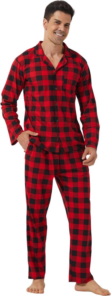 Pyjama heren lange tweedelige winter geruite pyjama ultrazachte lange mouwen bovendeel zachte pyjamabroek met zak mannen pyjama set