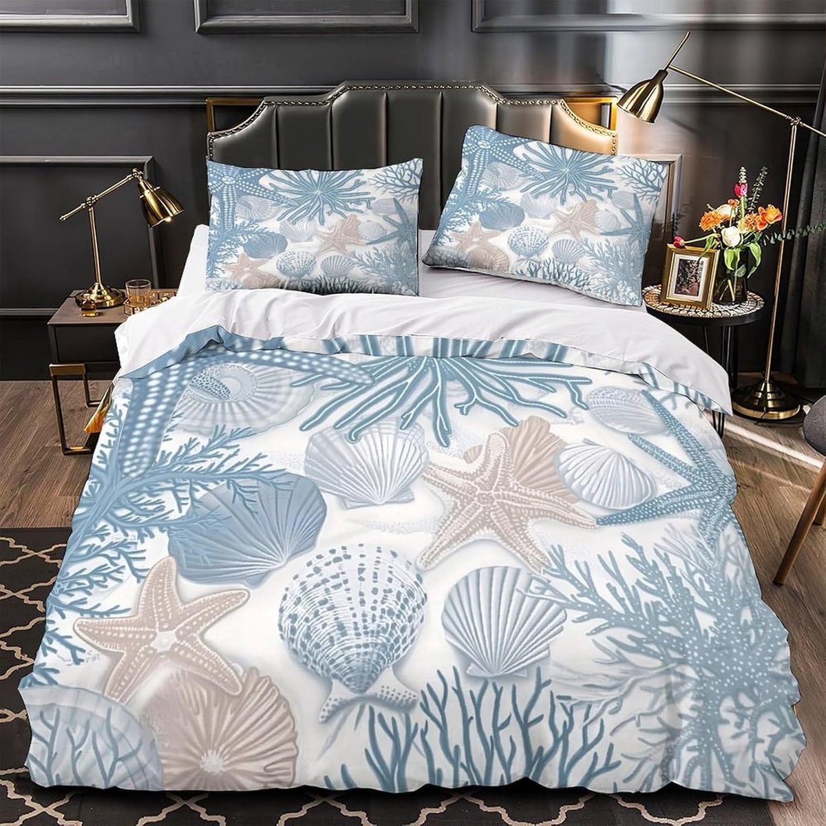 Kleine eenpersoons dekbedovertrekset, Seashells dekbedovertreksets met ritssluiting, zachte microvezel beddengoedset, met 2 kussenslopen van 50 x 75 cm, voor gebruik met tieners en