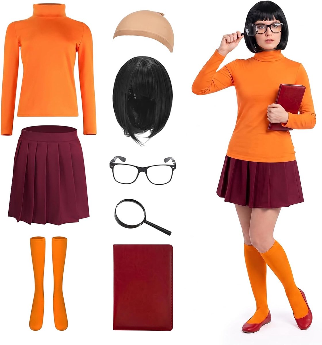 8-delig - oranje coltrui top, skaterrok en sokken - volwassenen cosplay outfit voor carnaval, Halloween en feestjes - compleet Halloween-kostuum met pruik