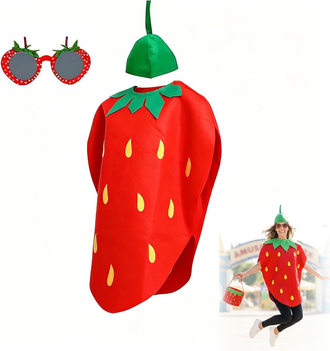 Volledig Aardbeien Kostuum voor Volwassenen, 3-delig Set met Tuniek, Hoed en Bril, Creatief Fruit Kostuum voor Halloween, Carnaval en Feestjes