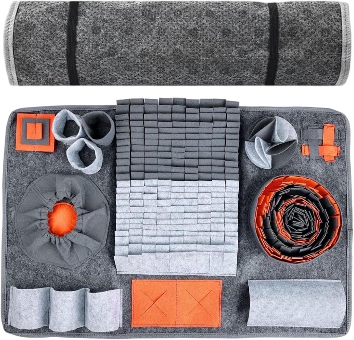 Wasbaar snuffeltapijt voor honden, grijs en oranje, 66 x 42 cm, ideaal voor training en tegen verveling, stimuleert mentale activiteit
