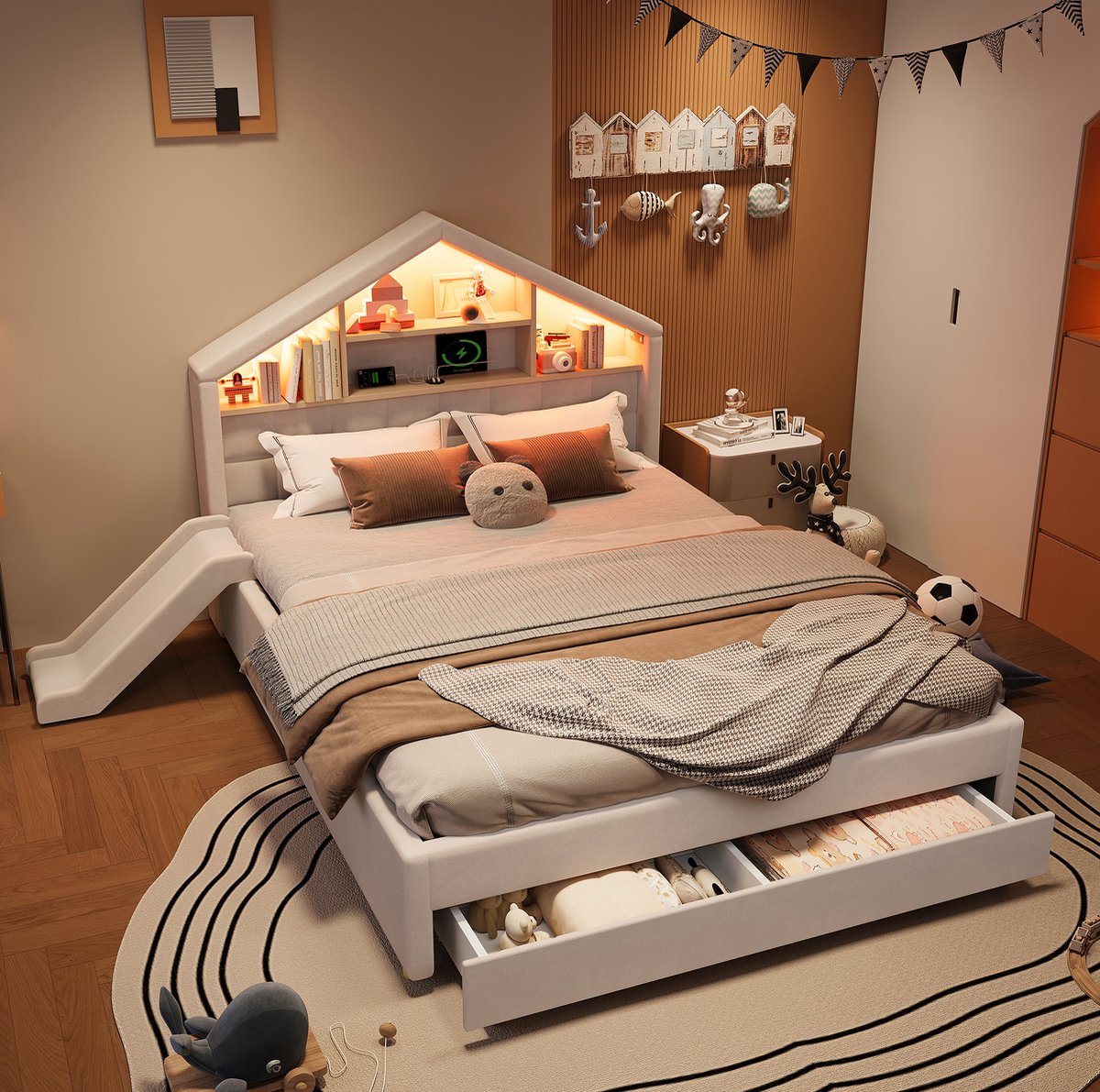 MODENUIT Kinderbed – 140 x 200 Cm – Links Of Rechts Monteerbare Glijbaan – Stof – Beige – Met LED-Verlichting