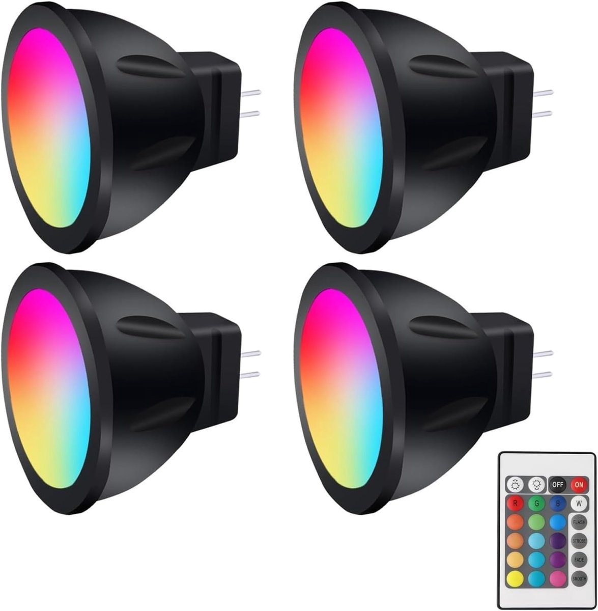 LED 12V RGBMR11 kleurveranderendelampen,MR11 LED 12V 3W bi-pinfitting,warmwit15multi-kleurenvoorlandschapsverlichting(4 lampen,1 afstandsbedieningen)