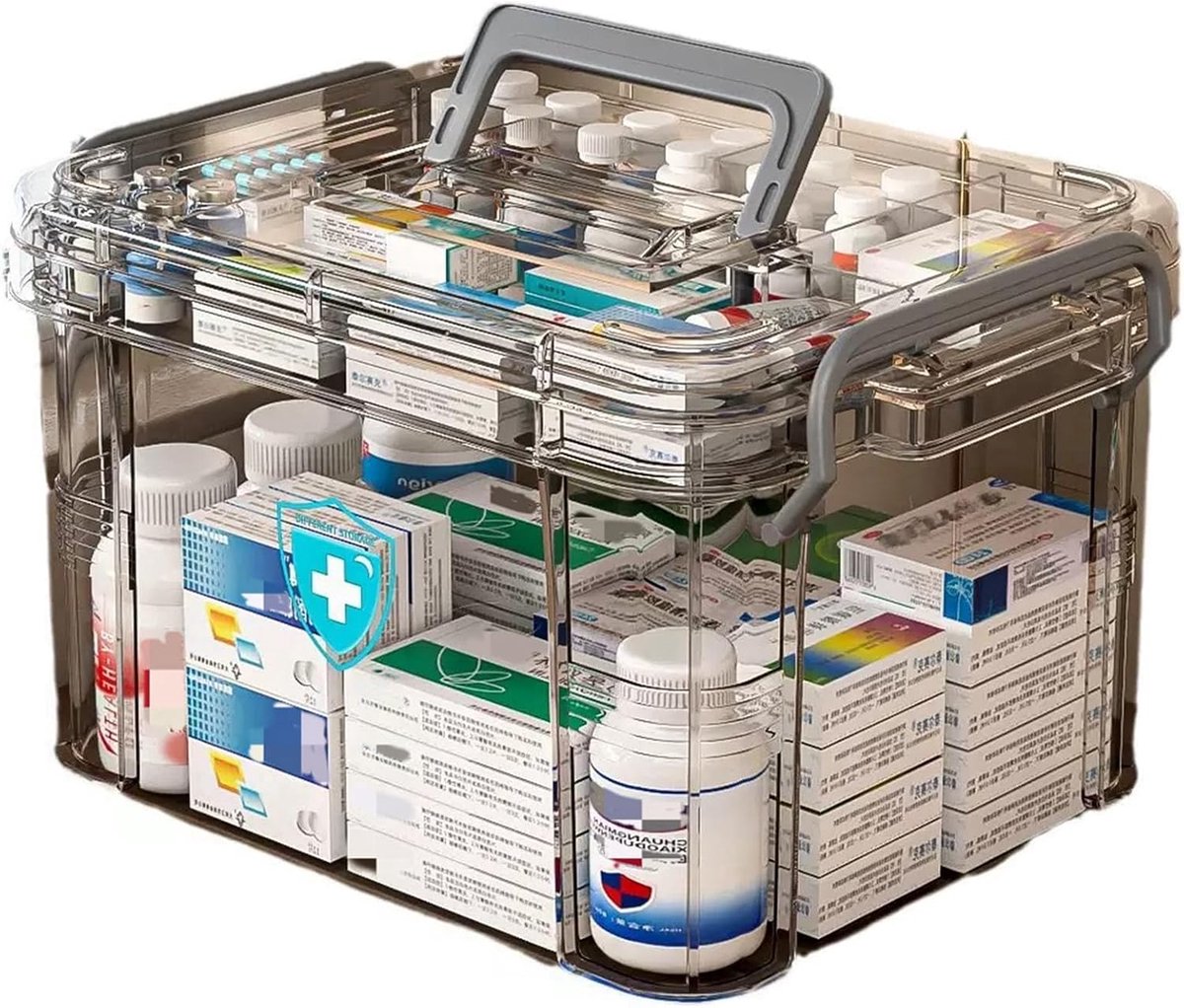 Medicijnbox, medicijnbox, huisapotheek met 2 compartimenten, medicijnenopslag, medicijnorganizer voor medicijnen, voor thuis, buiten (grijs-it, L)