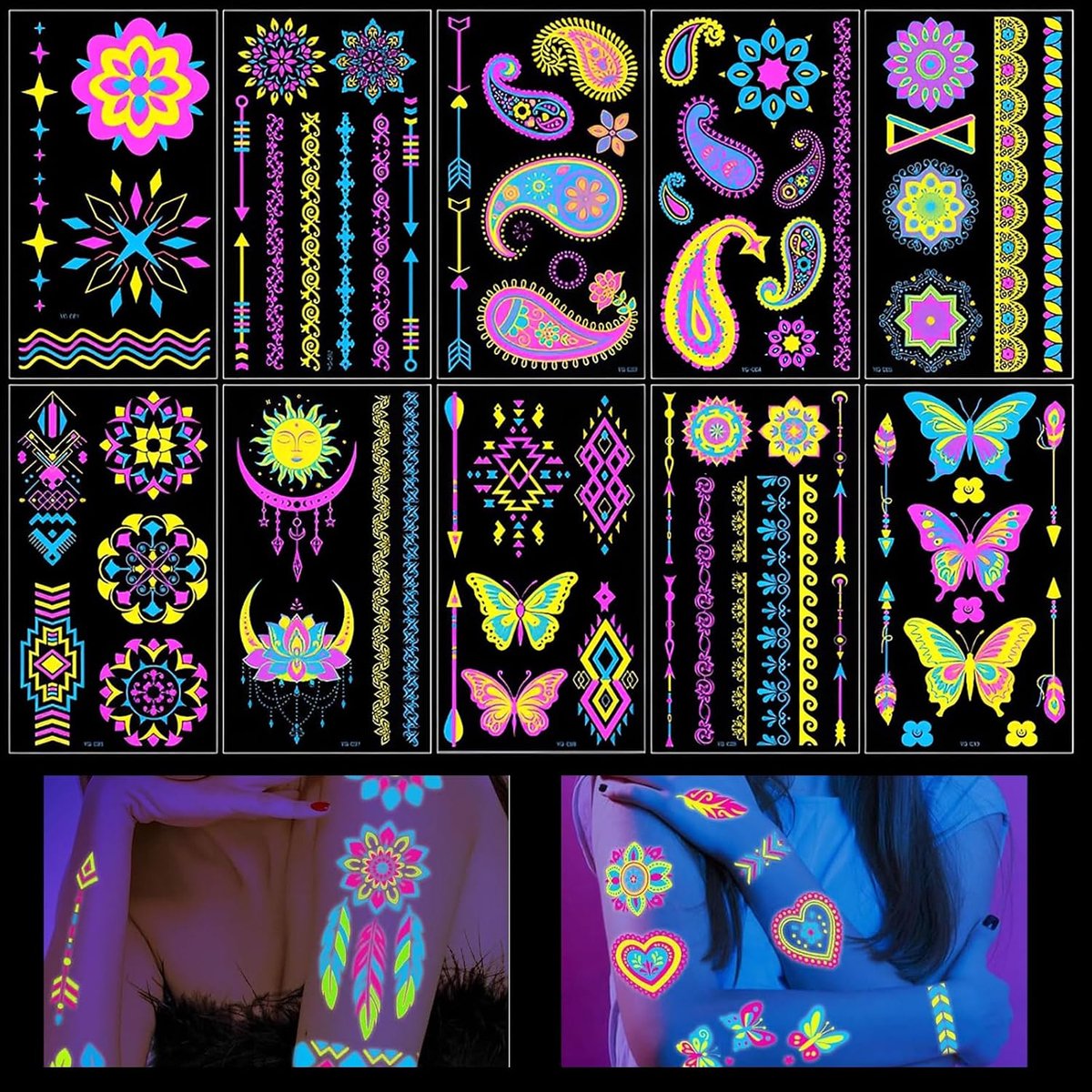Tijdelijke uv-tatoeages, huidvriendelijke kleeftatoeages, voor volwassenen, tieners, kinderen, feest, verjaardag, festival, cosplay