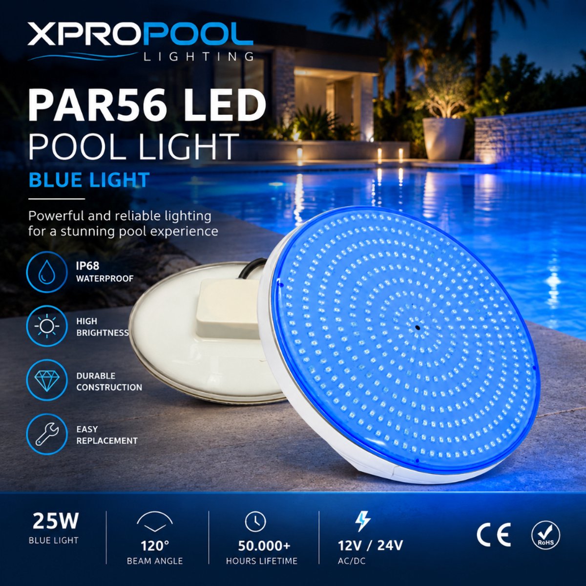 PAR56 LED Zwembad Lamp - 25W - blauw licht