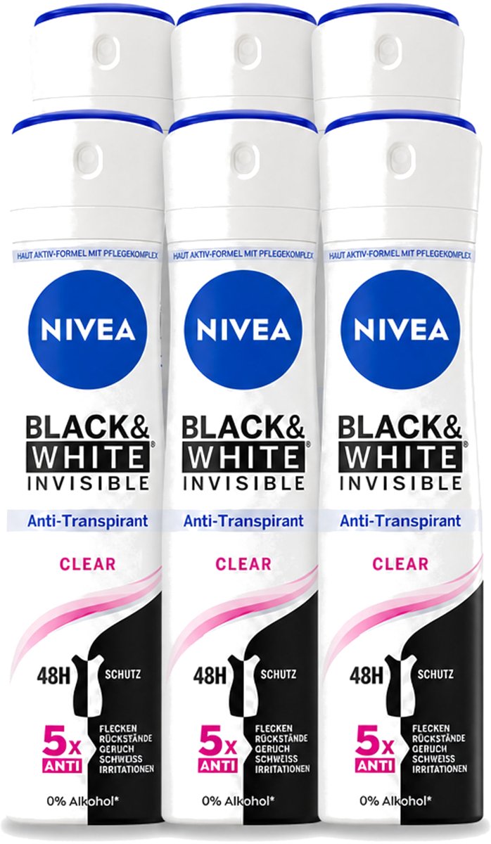 6 x Nivea - Deodorant - Spray - Black & White Invisible Clear - Anti-Transpirant - 150 ml - Voordeelverpakking - 6 stuks