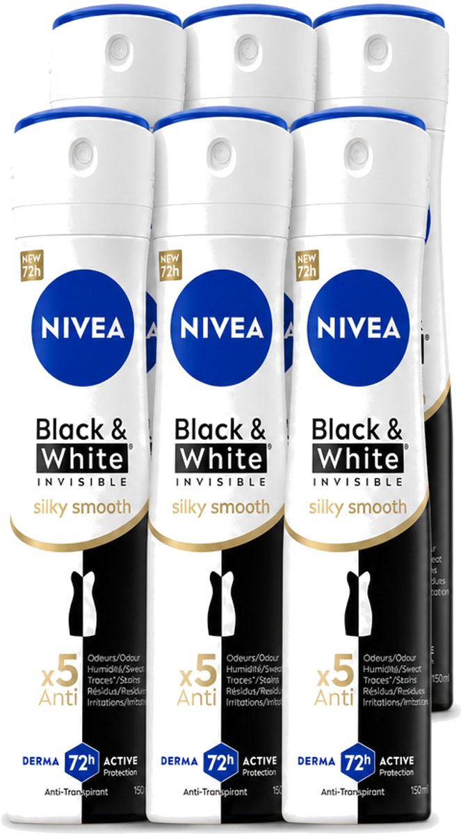 6 x Nivea - Deodorant - Spray - Black & White Invisible Silky Smooth - 150 ml - Voordeelverpakking - 6 stuks
