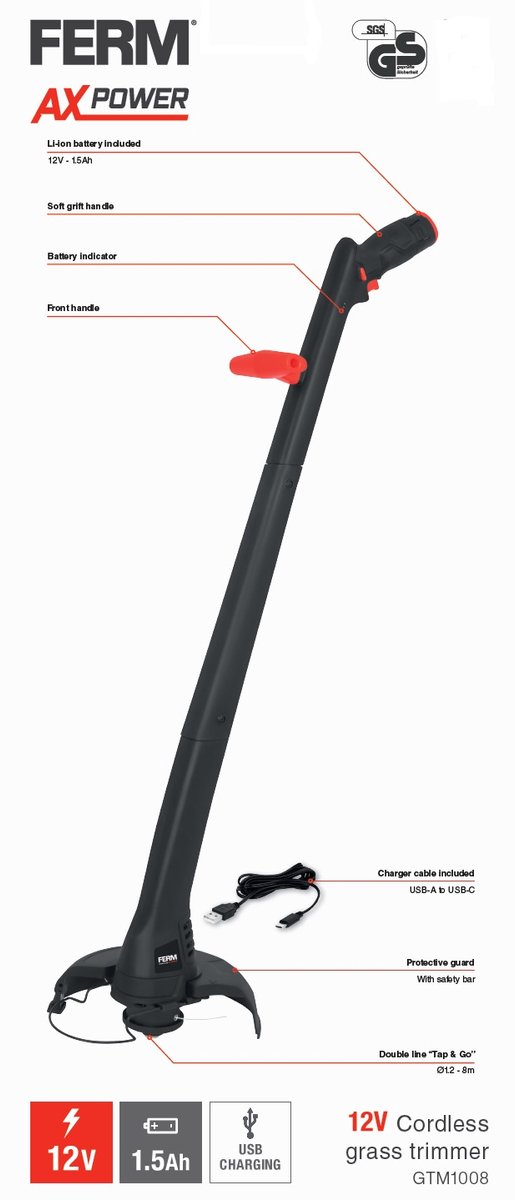 FERM - GTM1008 - Gras trimmer - 12V - 1.5Ah - Accutrimmer - Accugrastrimmer - Draadloze grastrimmer - 12Volt AX-Power — afbeelding 5
