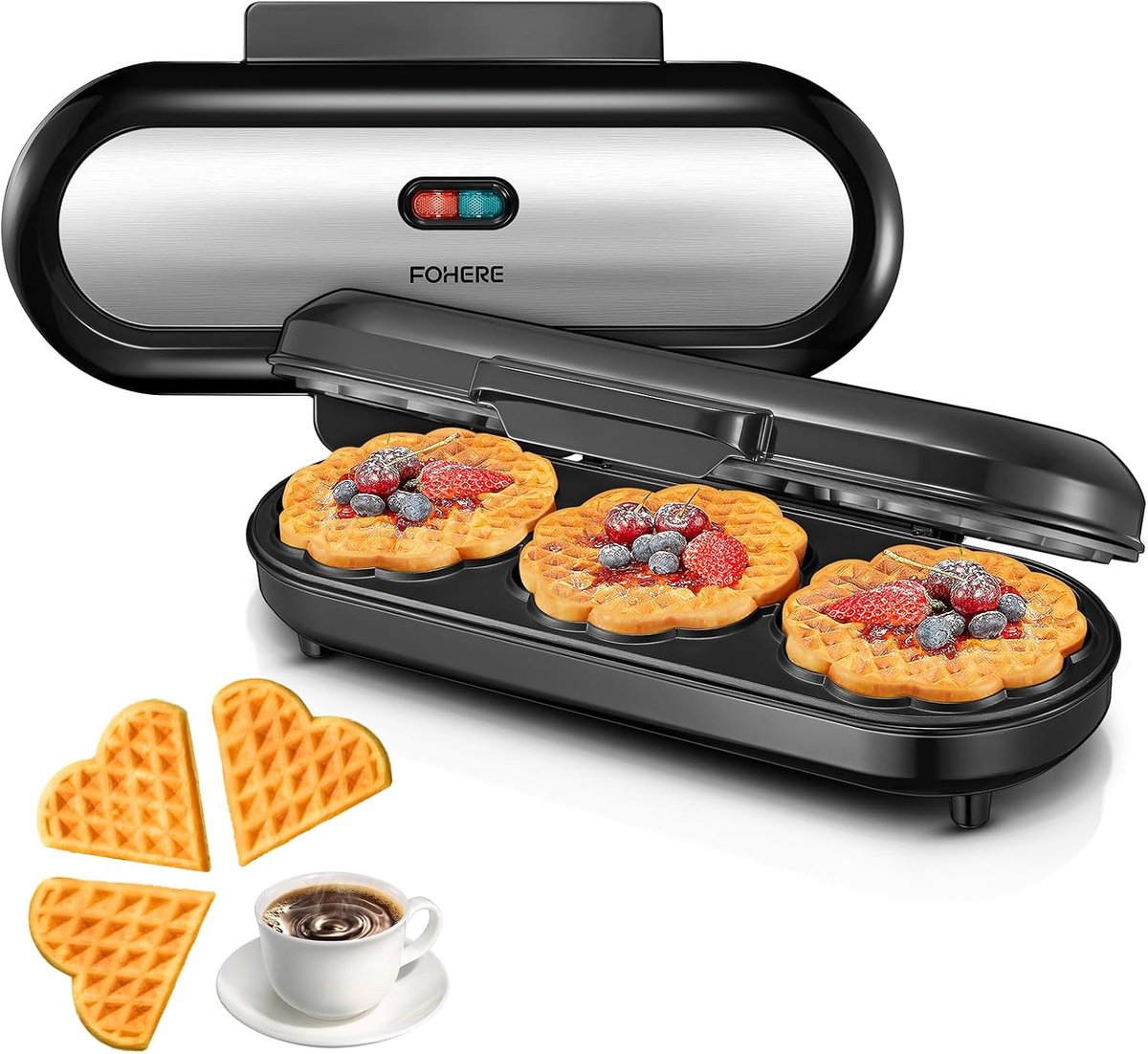 King Size Wafelijzer 1200W – 15 Hartvormige Wafels in 2 Minuten – RVS met 3 Antiaanbakplaten