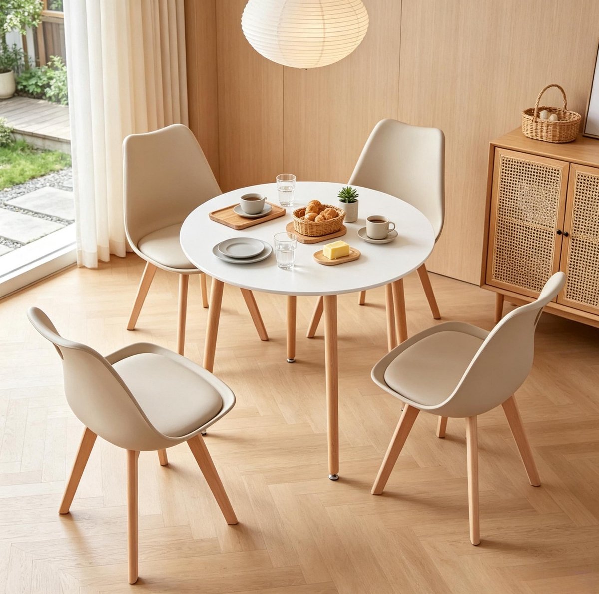 MODFU - Eetkamerset - Ronde Eettafel Met 4 Stoelen - Modern - Hout En Kunststof - Wit Beige